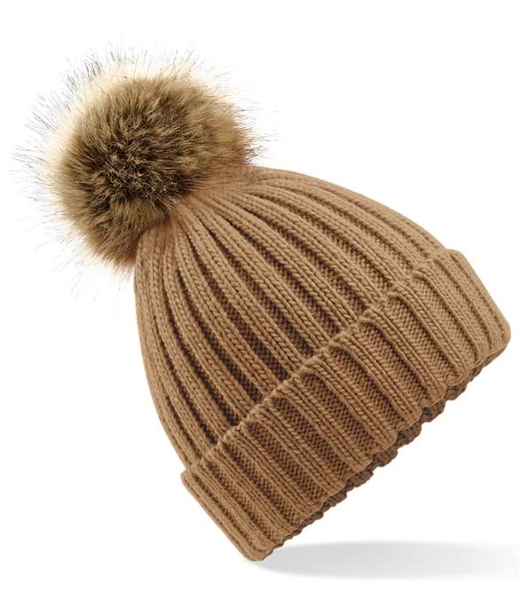 Beechfield Faux Fur Pop Pom Chunky Beanie